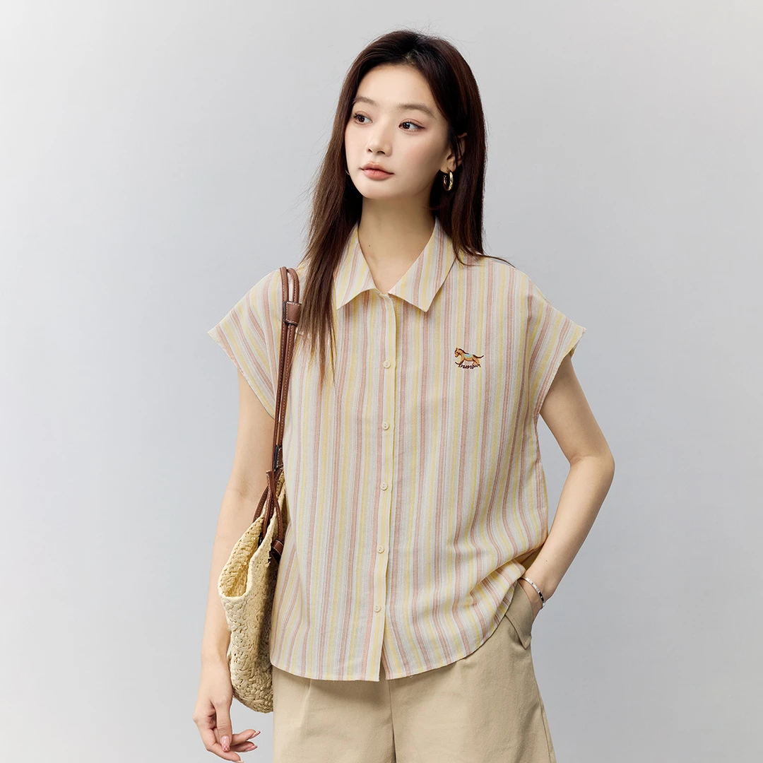 茵曼夏季清新减龄绣花撞色条纹衬衣女气质小飞袖衬衫