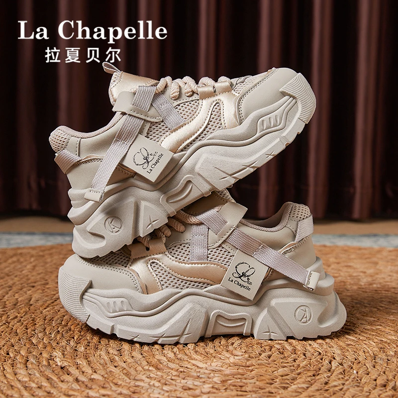 拉夏贝尔网面老爹鞋女2025新款春季透气爆款厚底小个子增高运动鞋