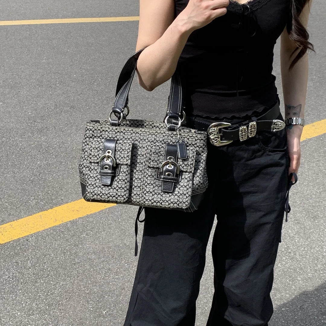 95新 COACH/蔻驰 coach烟灰色老花帆布机车托特包单肩腋下包hd