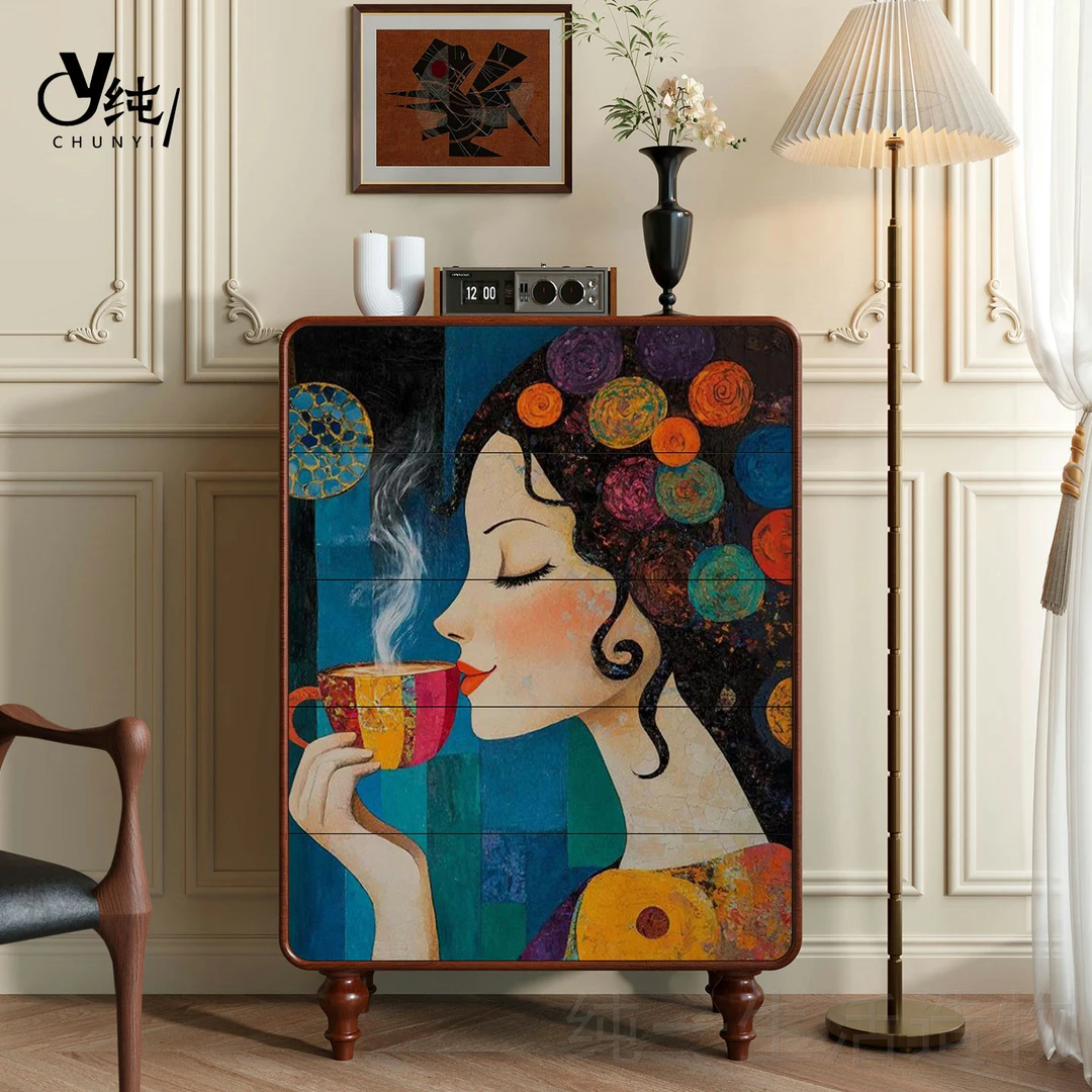 简约现代实木五斗柜抽象艺术客厅入户玄关装饰柜卧室储物收纳斗柜