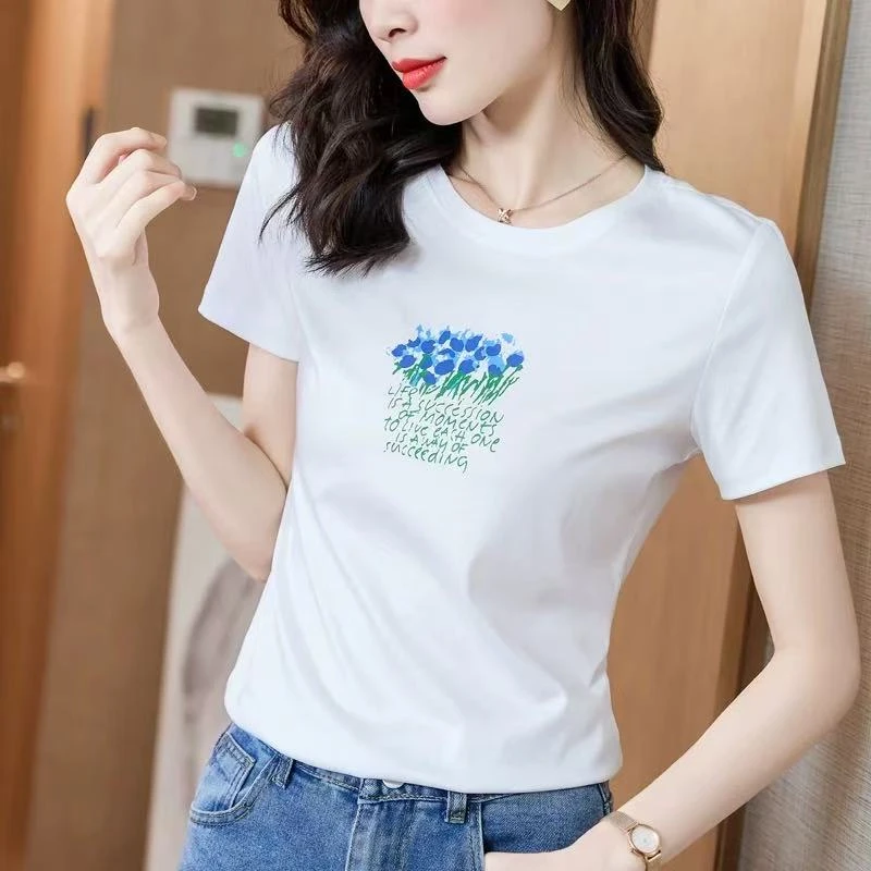 预热新款-2025夏季欢迎点看 圆领印花短袖t恤女时尚休闲-蓝色花丛