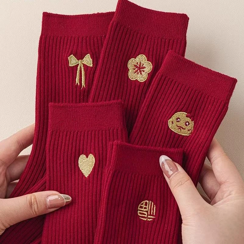 【5双装】本命年红袜子女款中筒秋冬季2025蛇年可爱结婚情侣新年袜