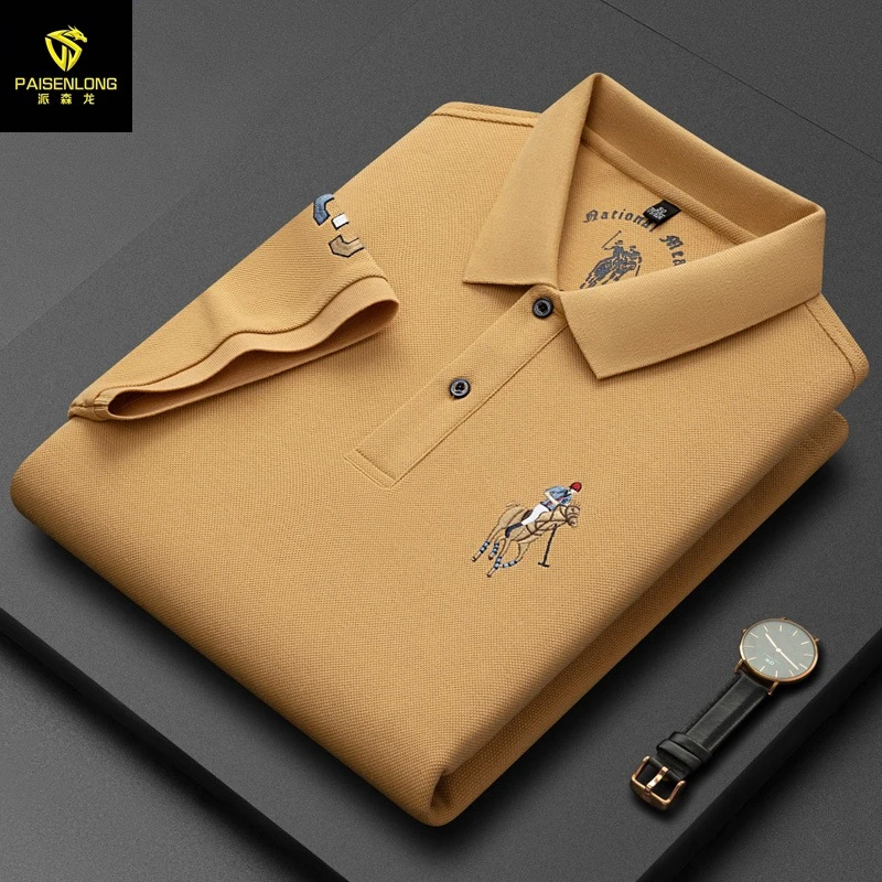 春季翻领短袖常规中年丝光棉T恤高档长袖男装半袖