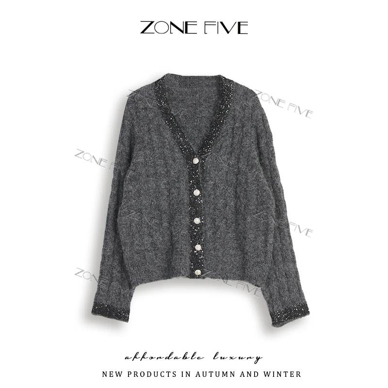 【zonefive】新款重工高级V领针织毛衫开衫显瘦气质毛衣女百搭