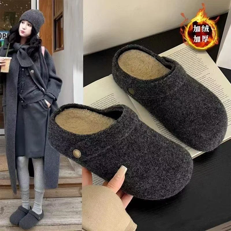 复古毛毡勃肯半拖鞋女新款秋冬加绒内增高一鞋两穿懒人包头拖9915