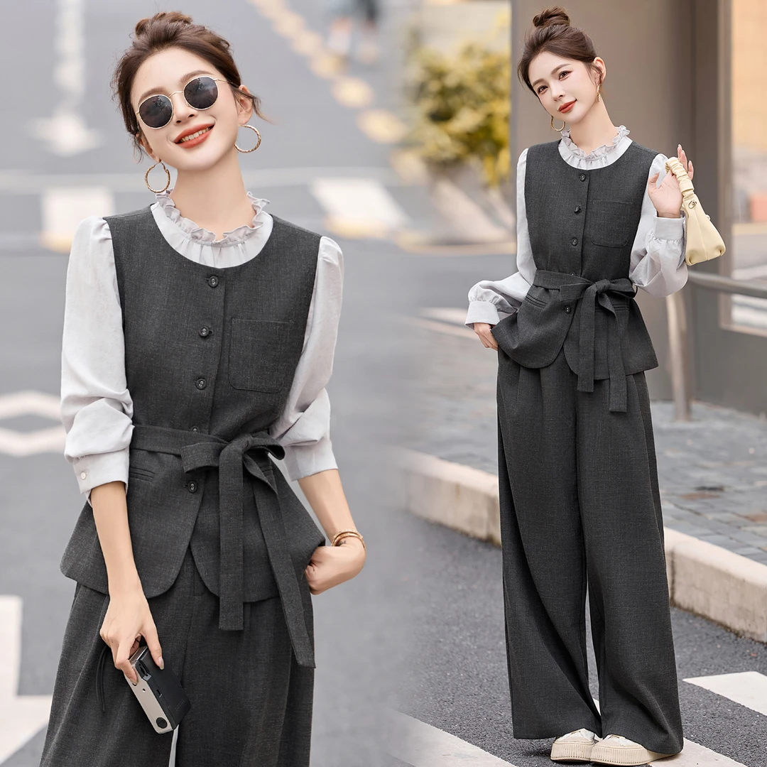 小香风西装马甲套装女2025年秋季新款气质高级感职业阔腿裤三件套
