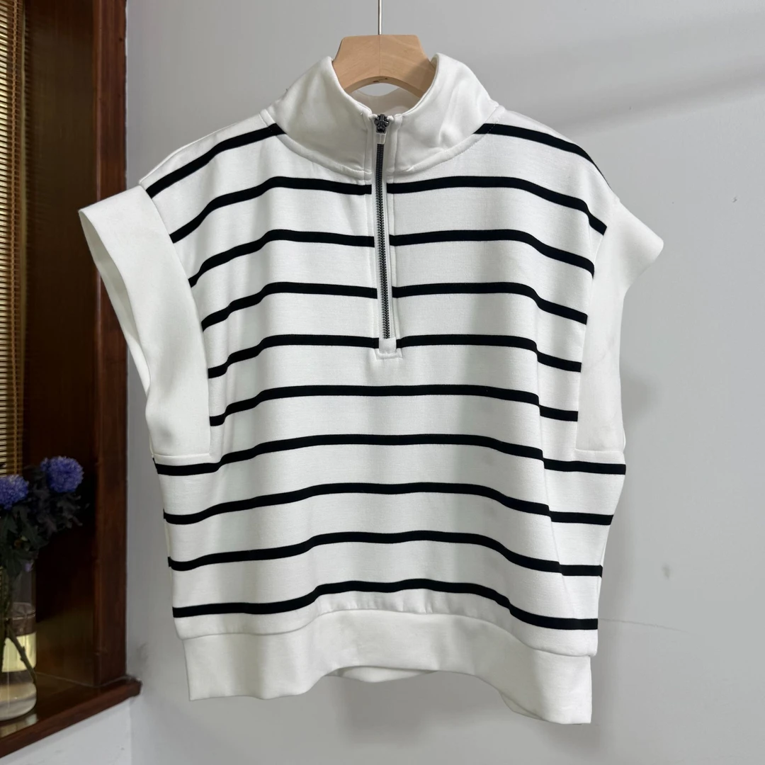 A025瑜伽小人外销出口条纹拉链套头休闲背心休闲体恤