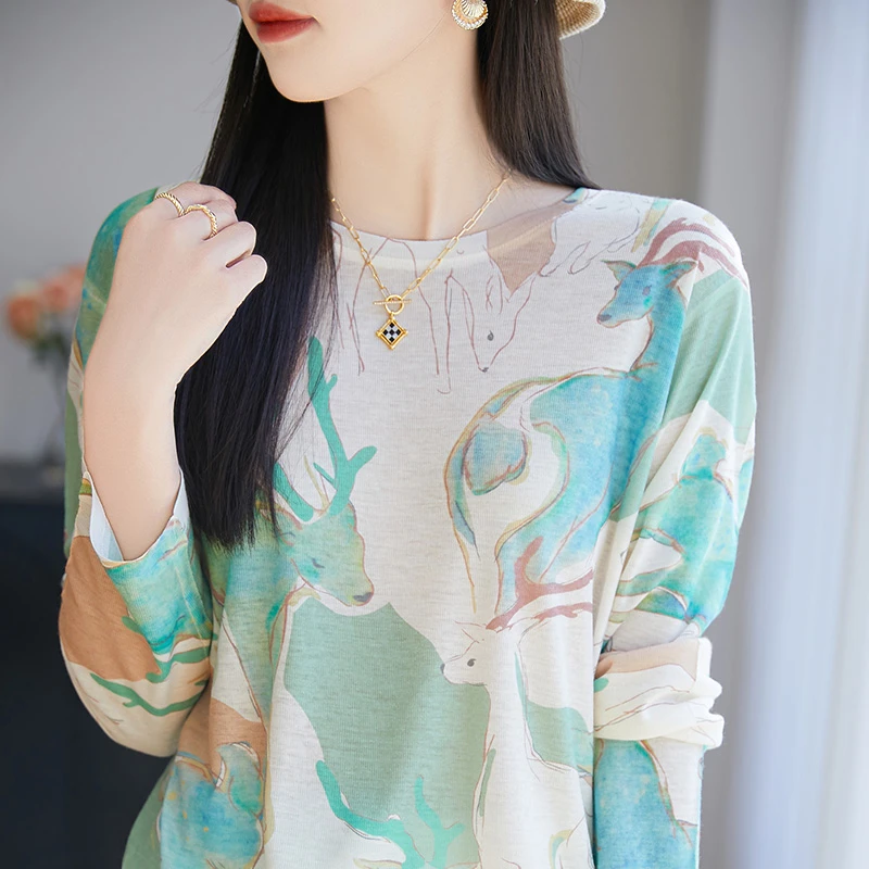 哥弟阿玛施正品秋新款莱赛尔天丝圆领时尚印花薄款晕染长袖针织衫