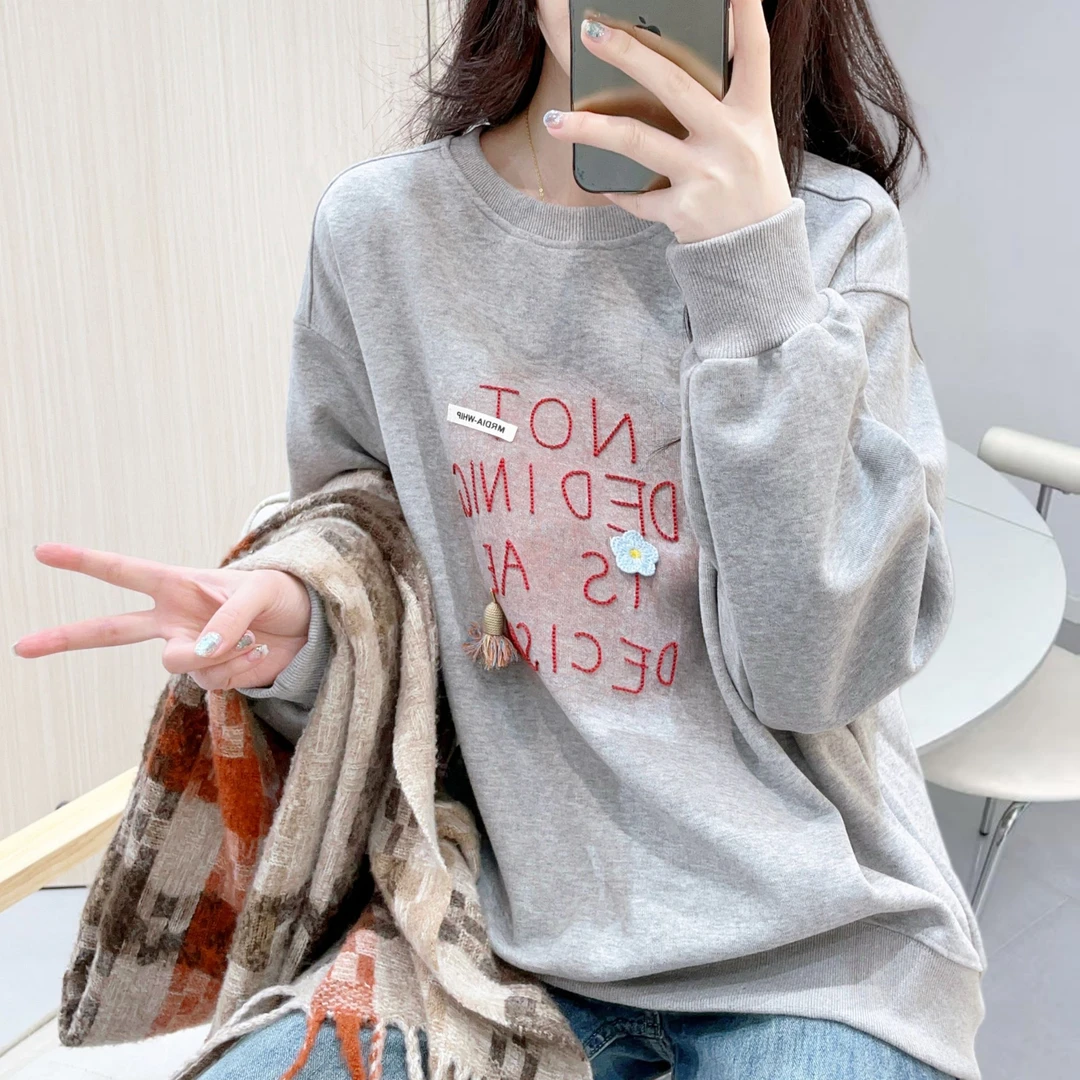 灰色圆领卫衣女秋冬韩版设计感刺绣字母宽松休闲百搭显瘦外搭上衣
