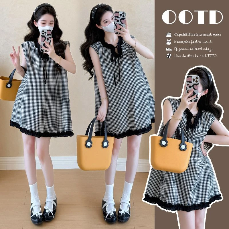【晚媛若】2025夏季新款孕妇甜美格子木耳边抽绳宽松显瘦无袖连衣裙