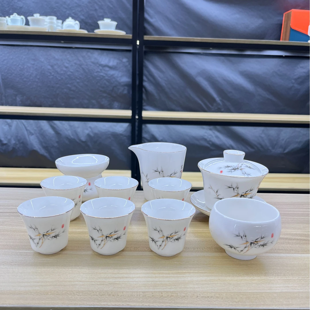 描金富竹悬停11件套   羊脂玉白瓷功夫茶具套装 安全泡沫包装