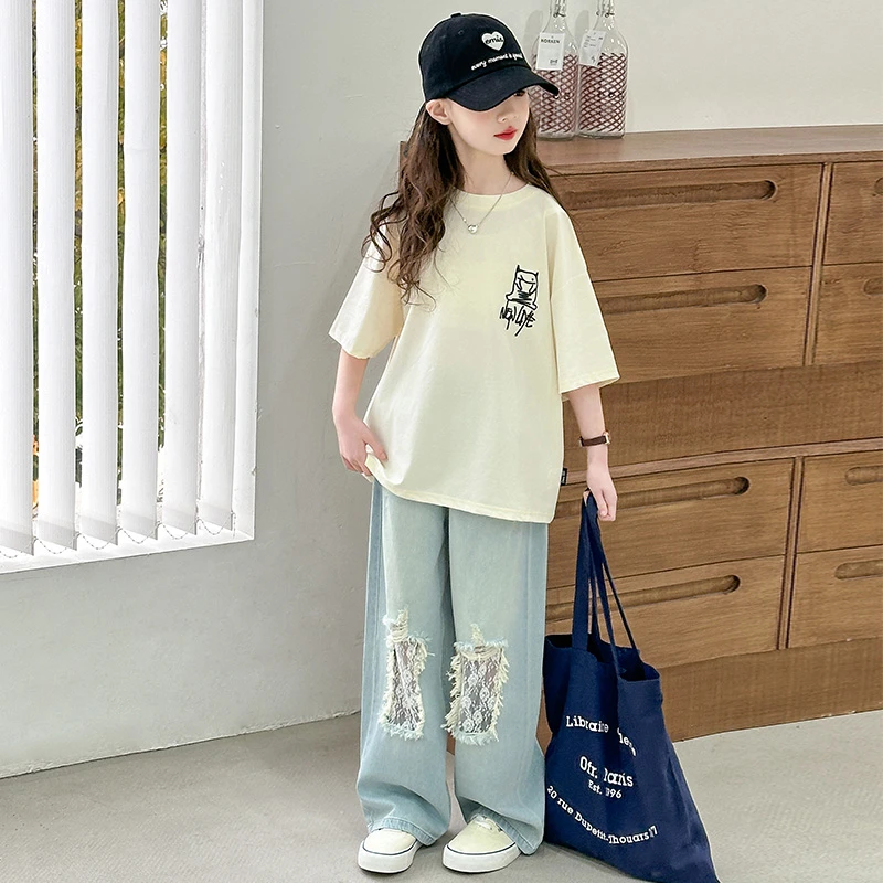 女童夏季套装2025新款洋气时髦儿童短袖夏装韩版女孩牛仔裤两件套