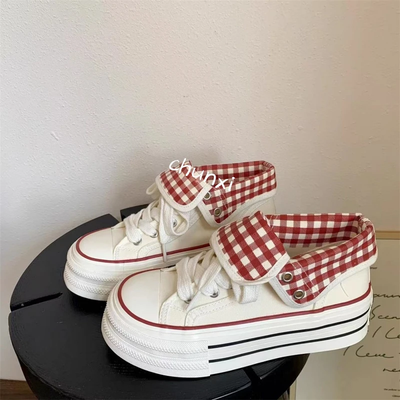 学院2025新款时尚厚底格子小众ins潮设计休闲百搭厚底折叠帆布鞋