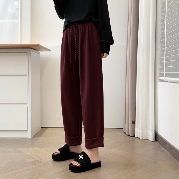 甜哈妮胖MM春季新款百搭显瘦舒适简约抽绳阔腿运动休闲裤九分裤