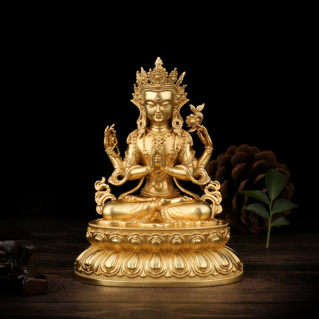 精品四臂观音菩萨佛像藏传黄铜家居玄关办公室供奉白铜镀银摆件