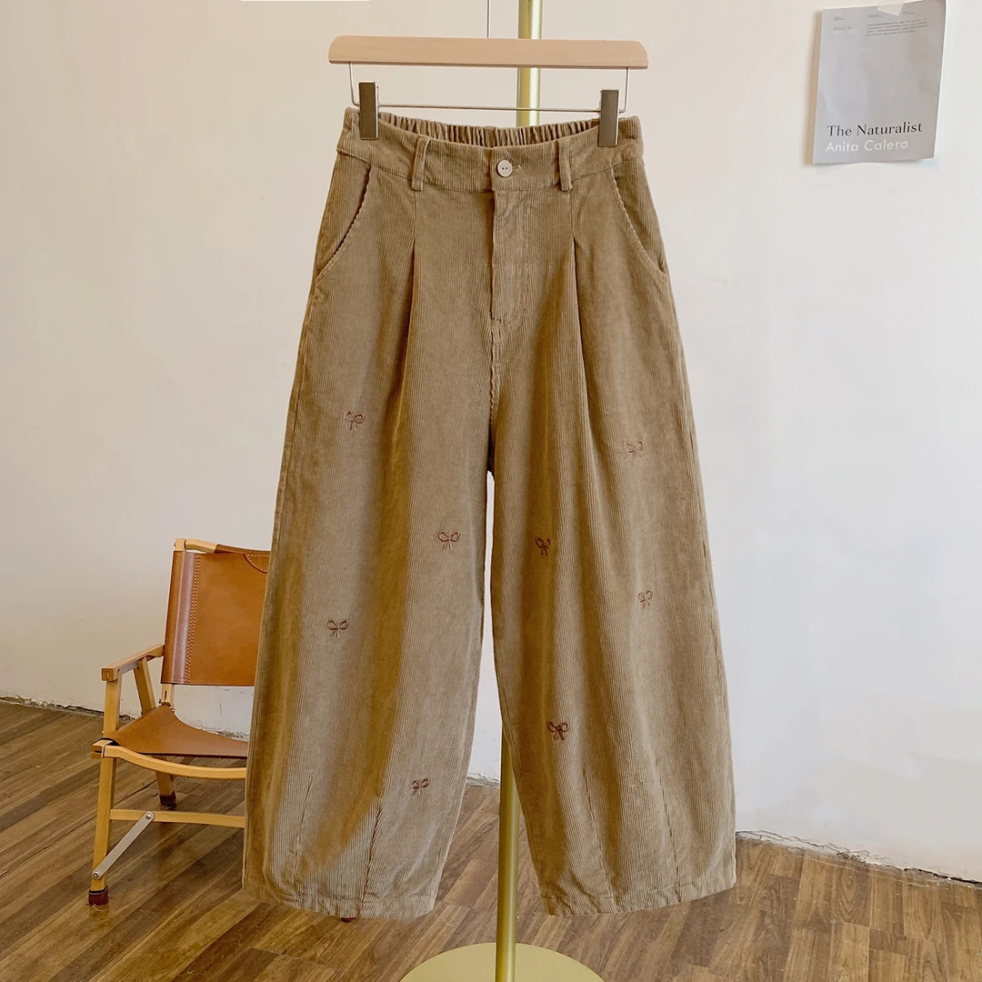 Y3244灯芯绒蝴蝶结刺绣半松紧腰老爹裤