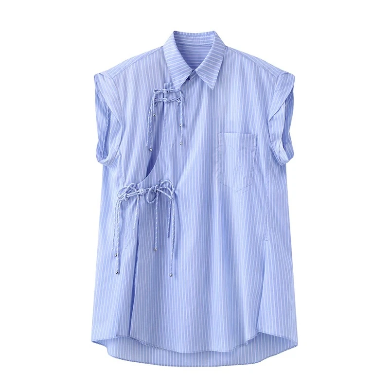 【蓝纹盘扣】25年条纹新中式盘扣衬衣系带修身款短袖上衣女.Y9734