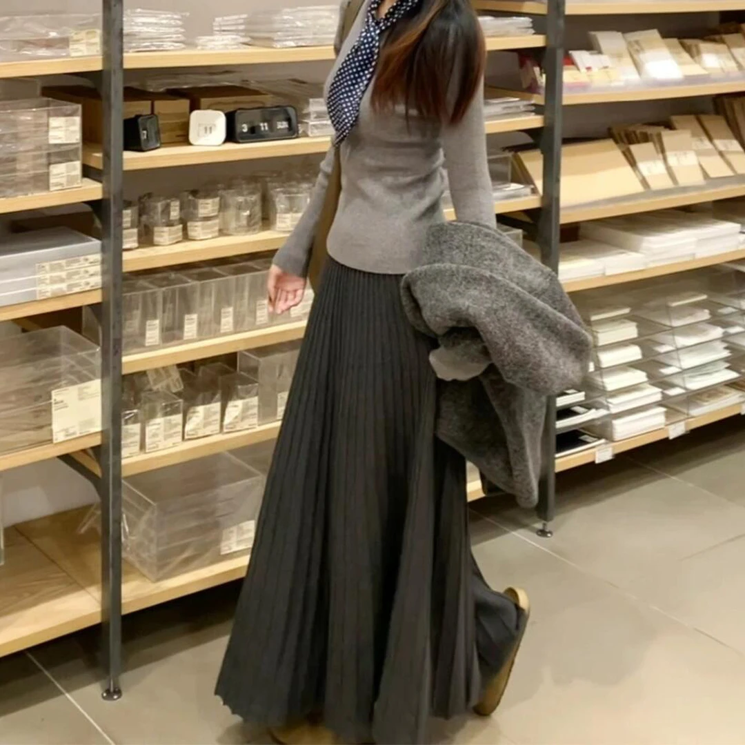 深灰色蝴蝶结针织半身裙女秋冬新款大码胖mm高腰显瘦a字百褶长裙