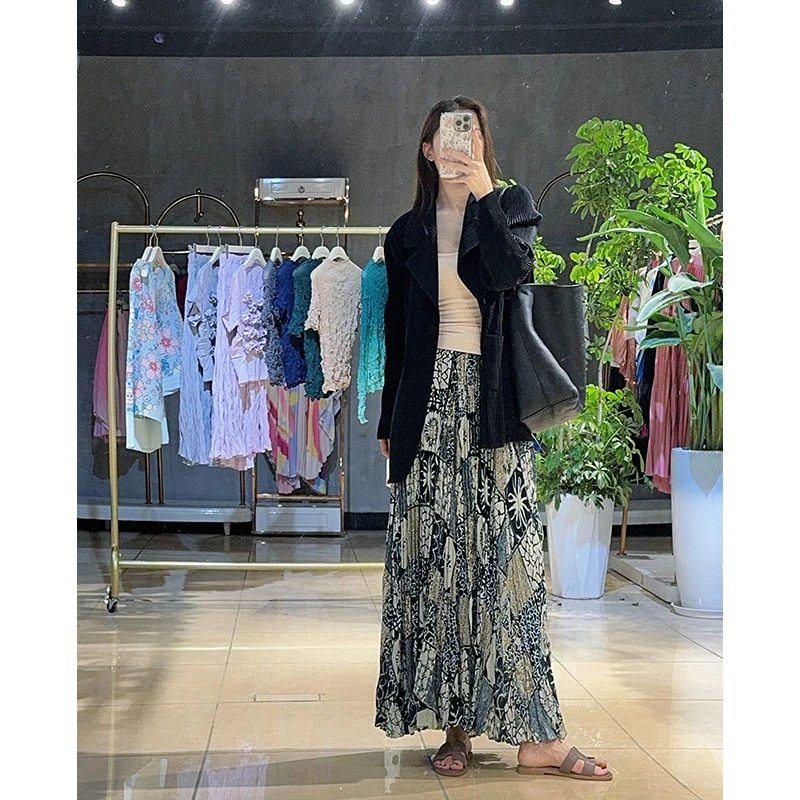 法式浪漫油画印花拼接碎花裙 高腰波西米亚度假大摆A字长裙女