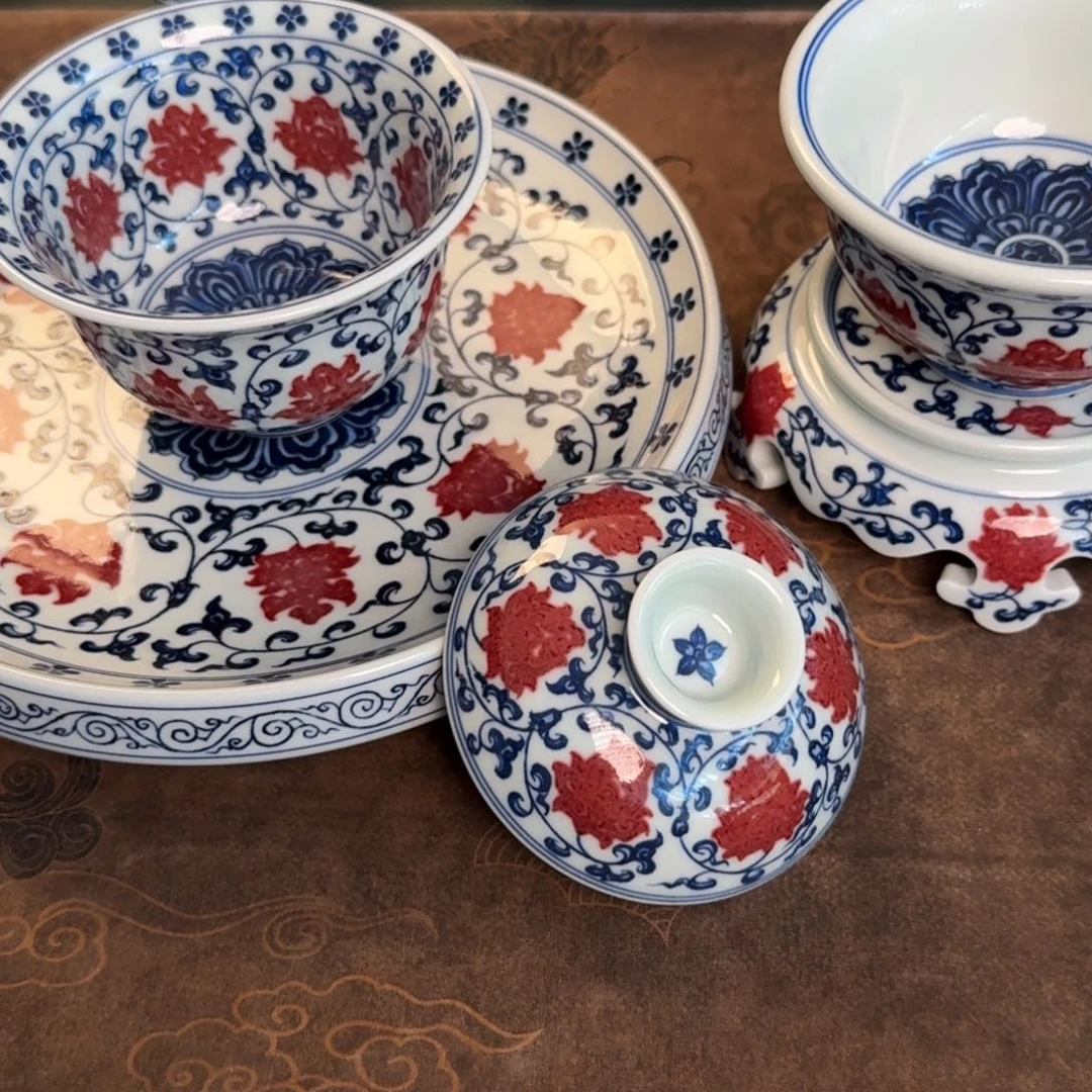 沫***首纯手工手绘陶瓷茶具壶承色脏四件
