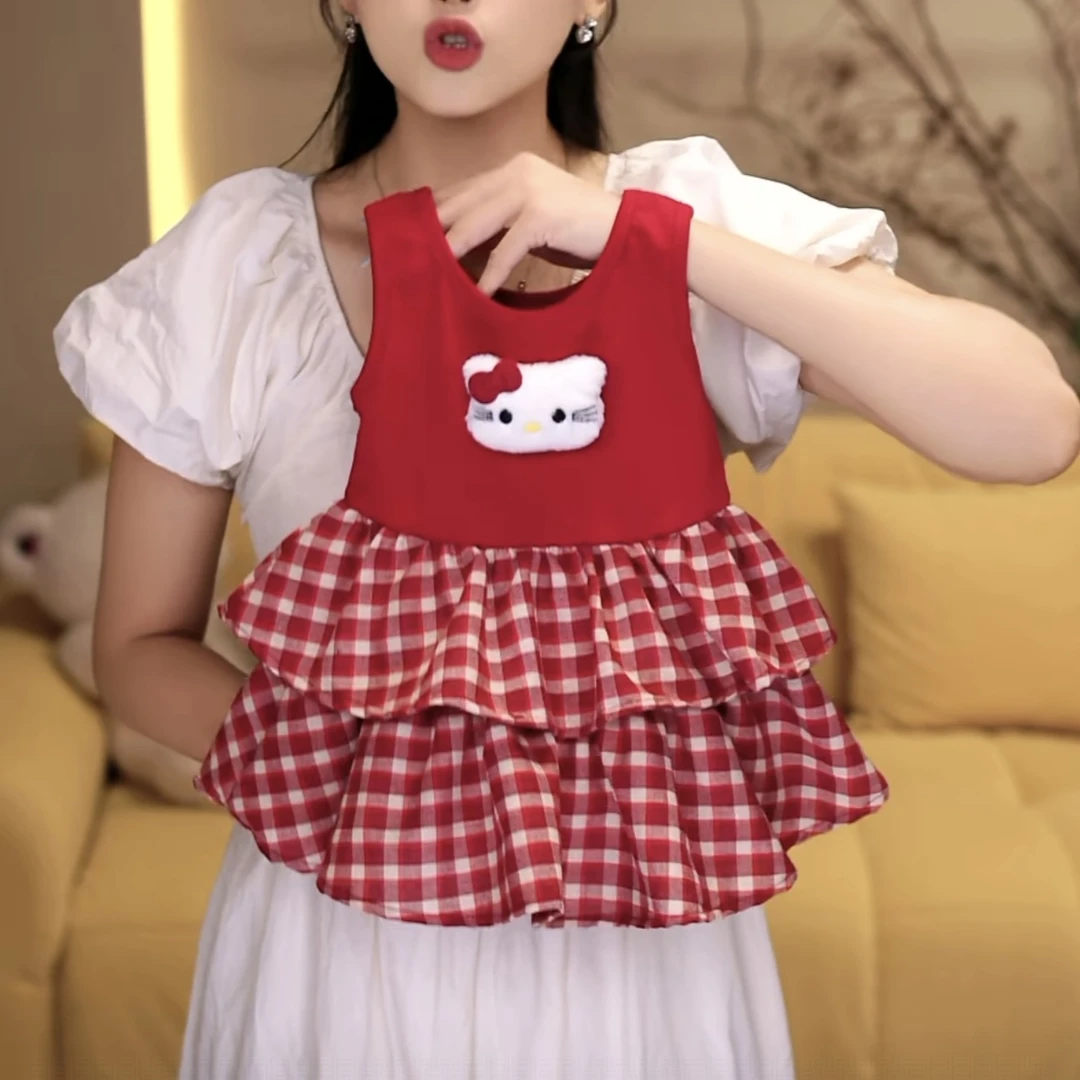 夏季女童韩版背心拼格子连衣裙2025新款儿童时髦公主裙宝宝蛋糕裙