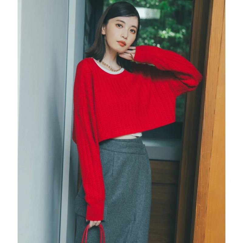 【DD外贸】 C 秋冬上新 简约高腰绞花绵羊毛针织衫百搭上衣