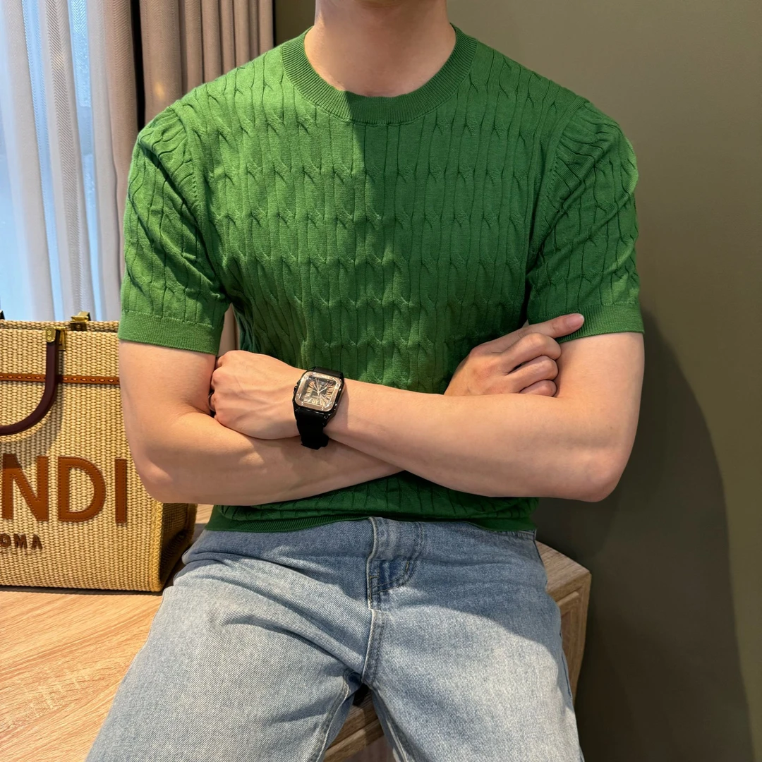 WUSHE物社【天丝混纺】夏季时尚男士麻花针织T恤百搭修身圆领体恤衫