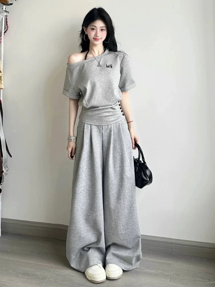 韩系减龄休闲运动服套装女夏季简约收腰一字肩斜肩短袖长裤两件套