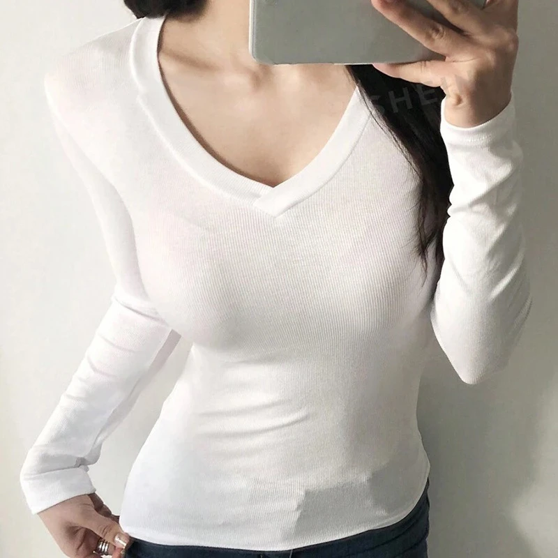 韩版白色V领长袖T恤女内搭2025年秋冬新款修身时尚百搭辣妹设计感