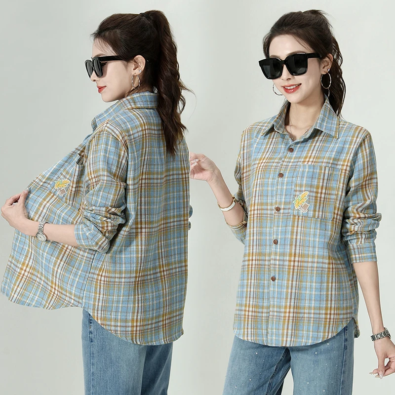 长袖格子衬衫女2025春秋新款韩版复古宽松百搭休闲衬衣防晒薄外套