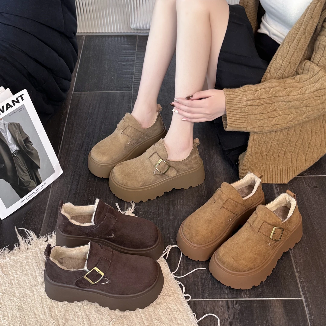 单鞋一脚蹬厚底增高复古秋冬百搭休闲勃肯加绒单鞋