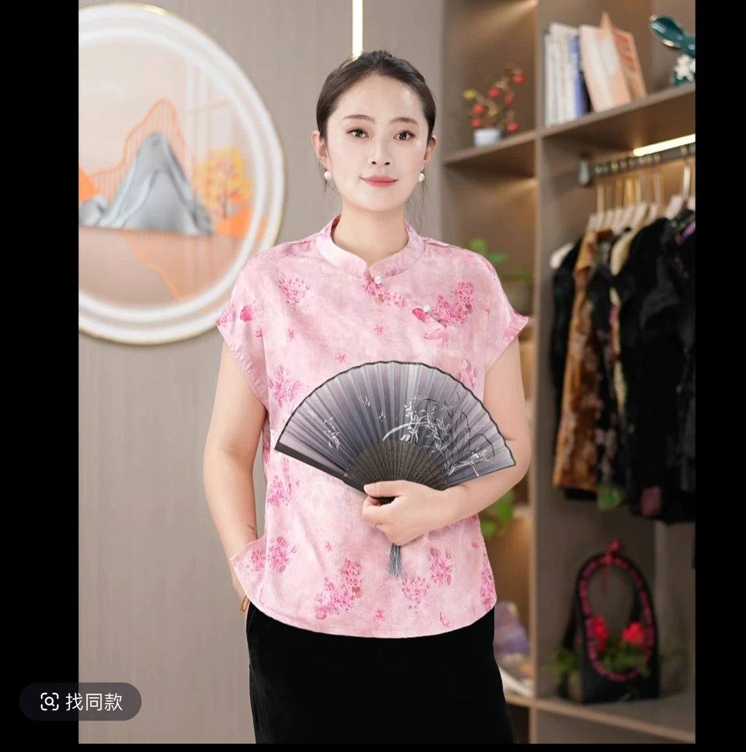 无袖斜襟印染薄款常规款常规上衣短款气质慵懒风提花