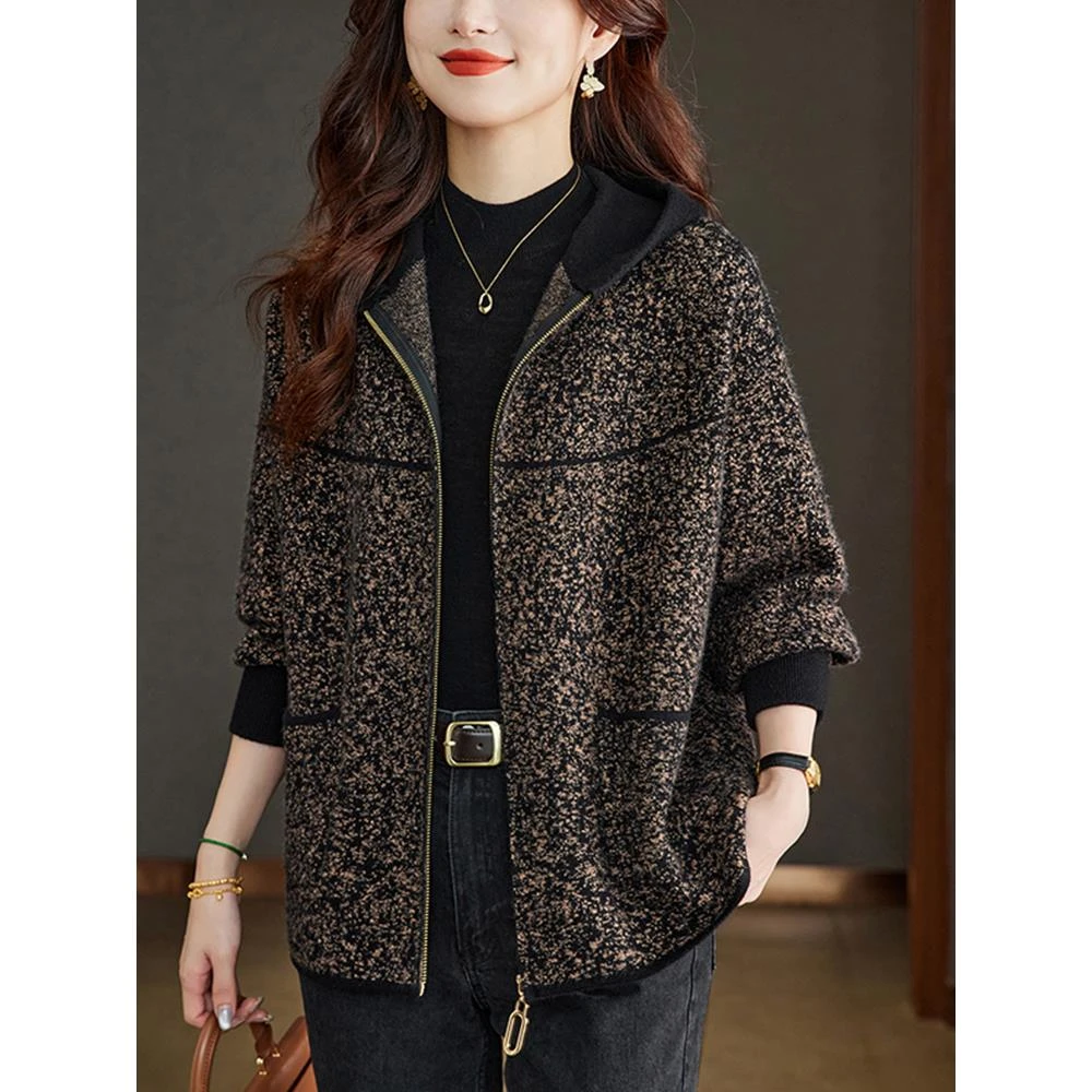 秋冬新款妈妈毛呢外套女春秋休闲中年大码宽松连帽羊绒开衫上衣厚