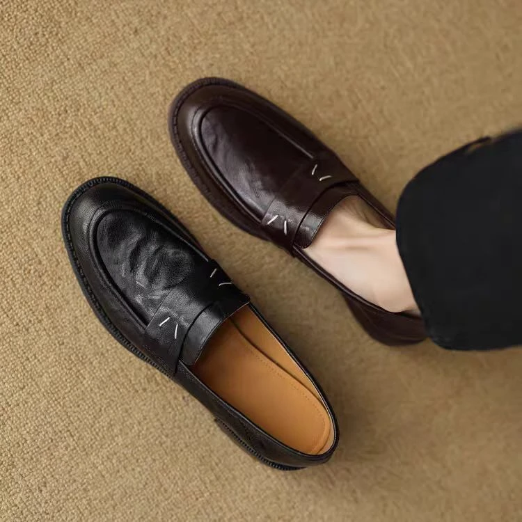 2025春秋新款软皮圆头乐福鞋女英伦风中跟粗跟真皮深口单鞋女软底