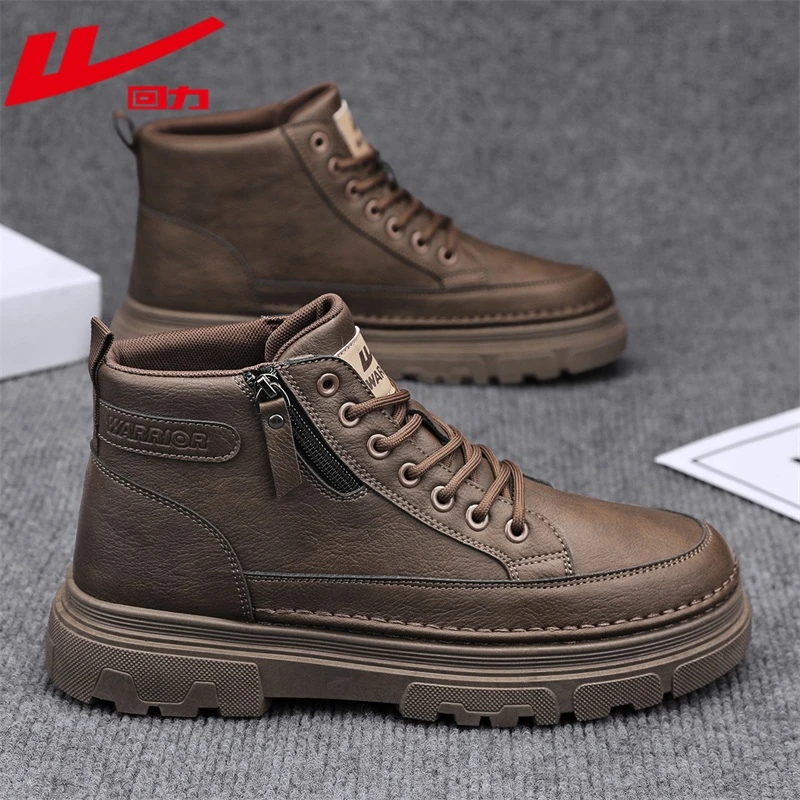 回力男鞋冬季保暖高帮工装靴男士复古休闲软底防滑户外英伦风皮鞋