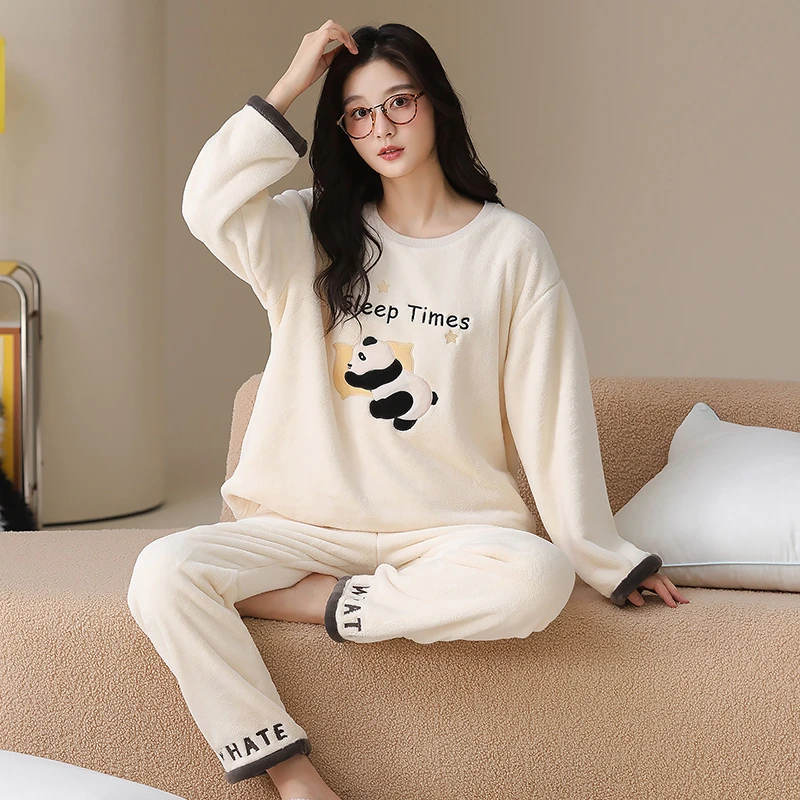 2025新款珊瑚绒睡衣女秋冬季加绒加厚保暖家居服法兰绒可外穿套装