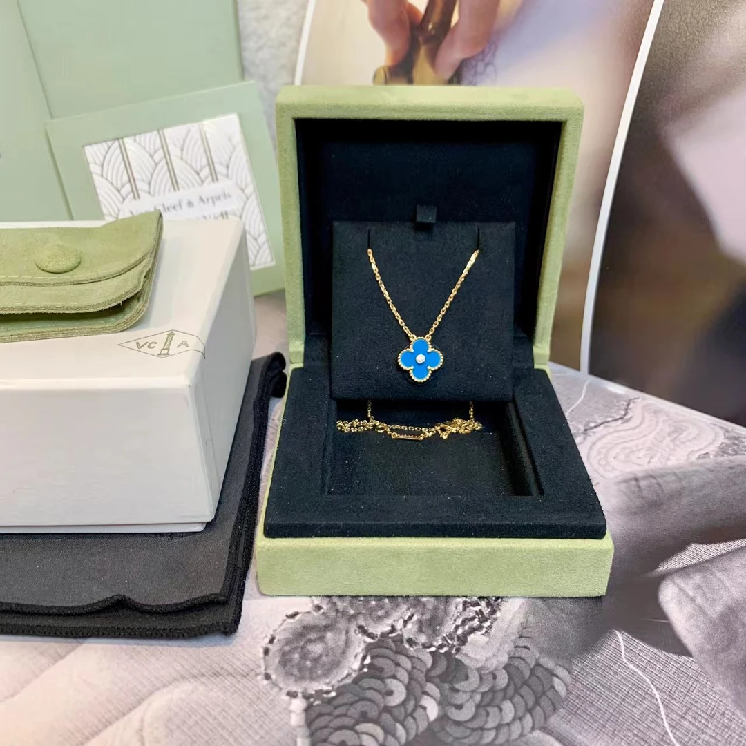 99新 梵克雅宝 壹臻/圣诞限定蓝陶瓷单钻四叶草项链12219832