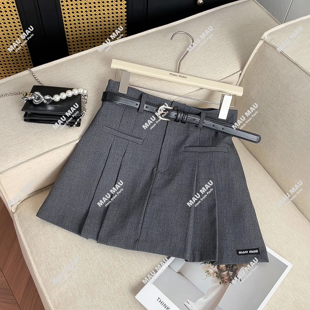 MIUMEM 2025夏季法式学院风休闲百搭贴布高腰百褶半身裙 DY7636