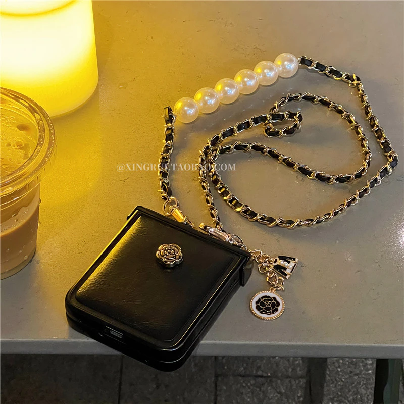 适用于华为p50 pocket 2手机壳折叠屏羽绒皮纹山茶花手提链保护套