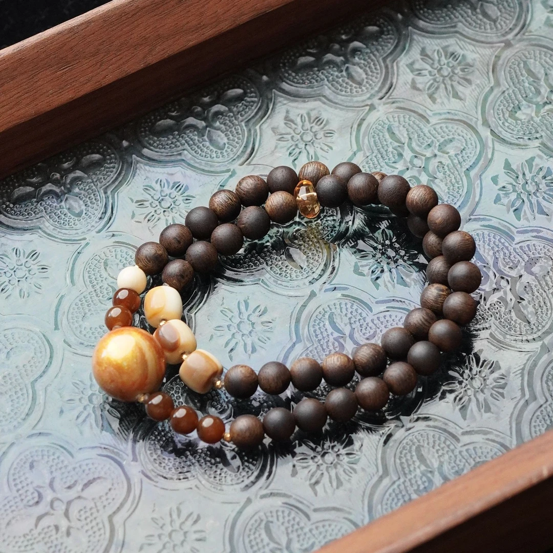 漠野沙丘 天然金眼猛犸7*8mm桶珠顶珠15mm双圈手串