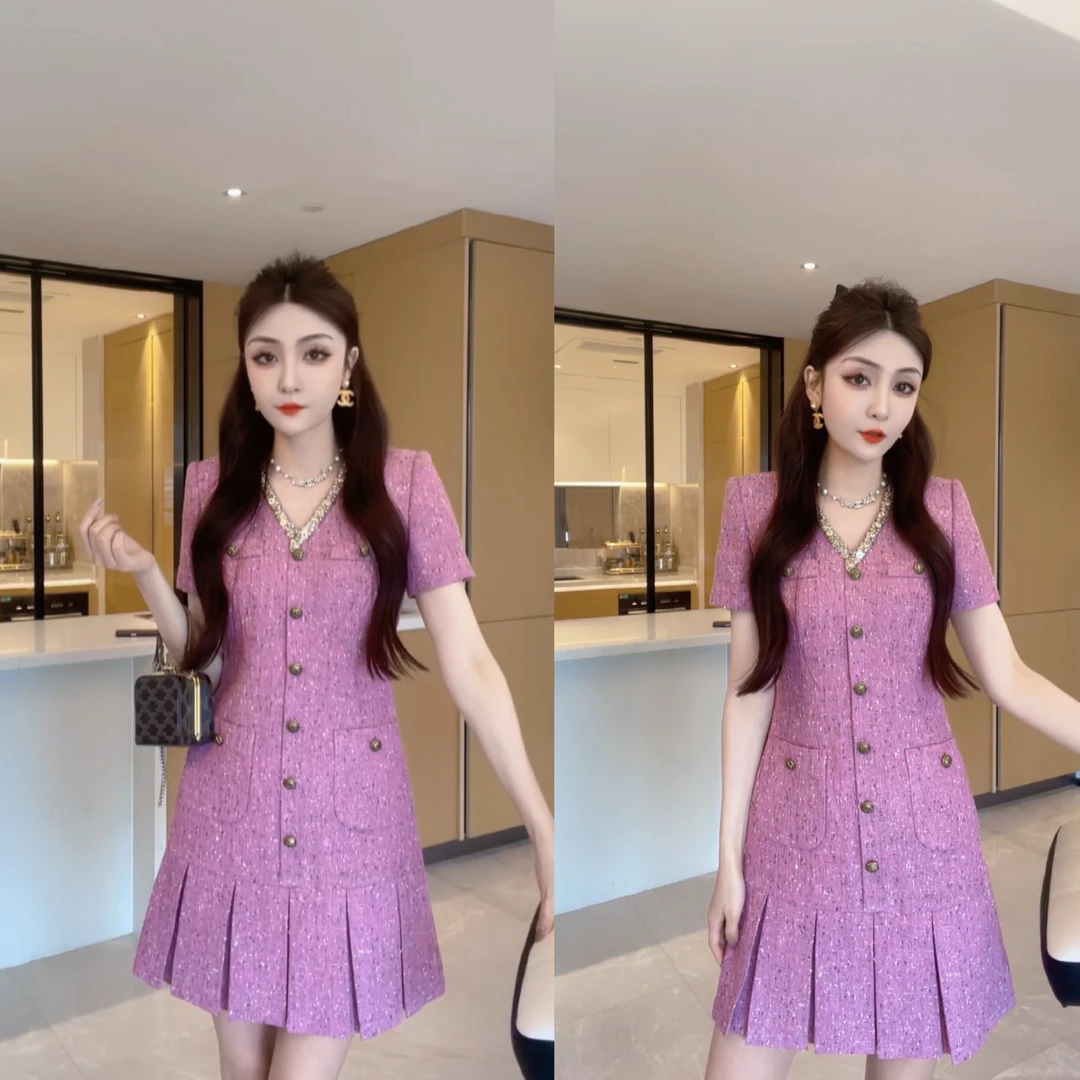 M9A86081  夏季紫色新款减龄收腰法式显瘦短袖时尚气质复古连衣裙