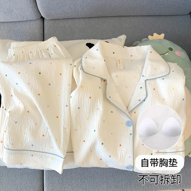 带胸垫长袖长裤两件套装睡衣女夏季2025新款可爱奶呼呼波点家居服