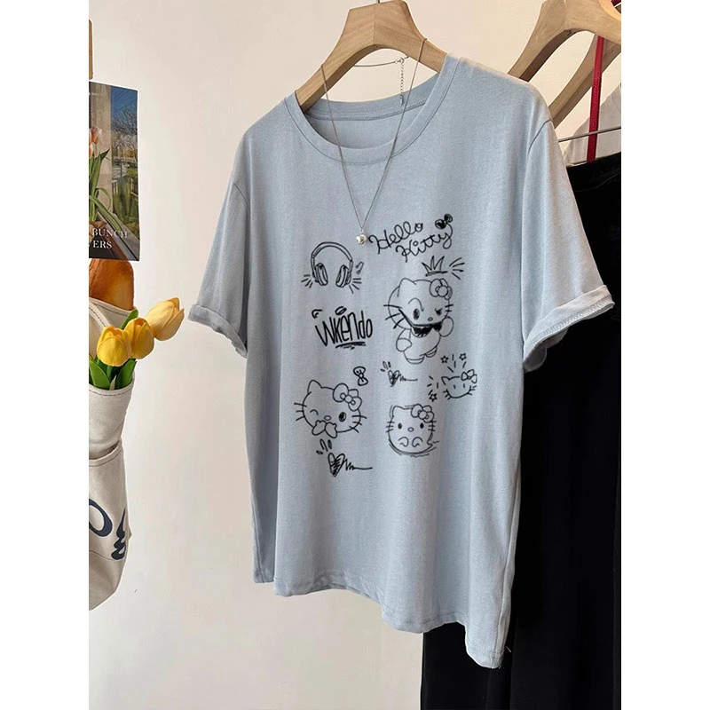 夏日松弛感雪花棉大码上衣200斤胖mm显瘦遮肉短袖t恤女2025新款