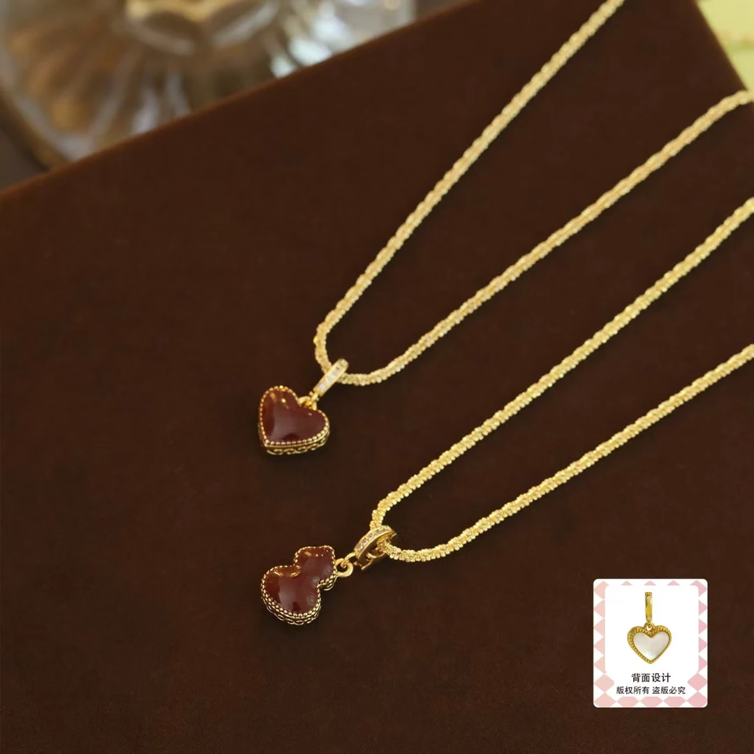 铜合金项链 轻奢天然双面母贝滴油爱心吊坠毛衣配饰女精致颈链