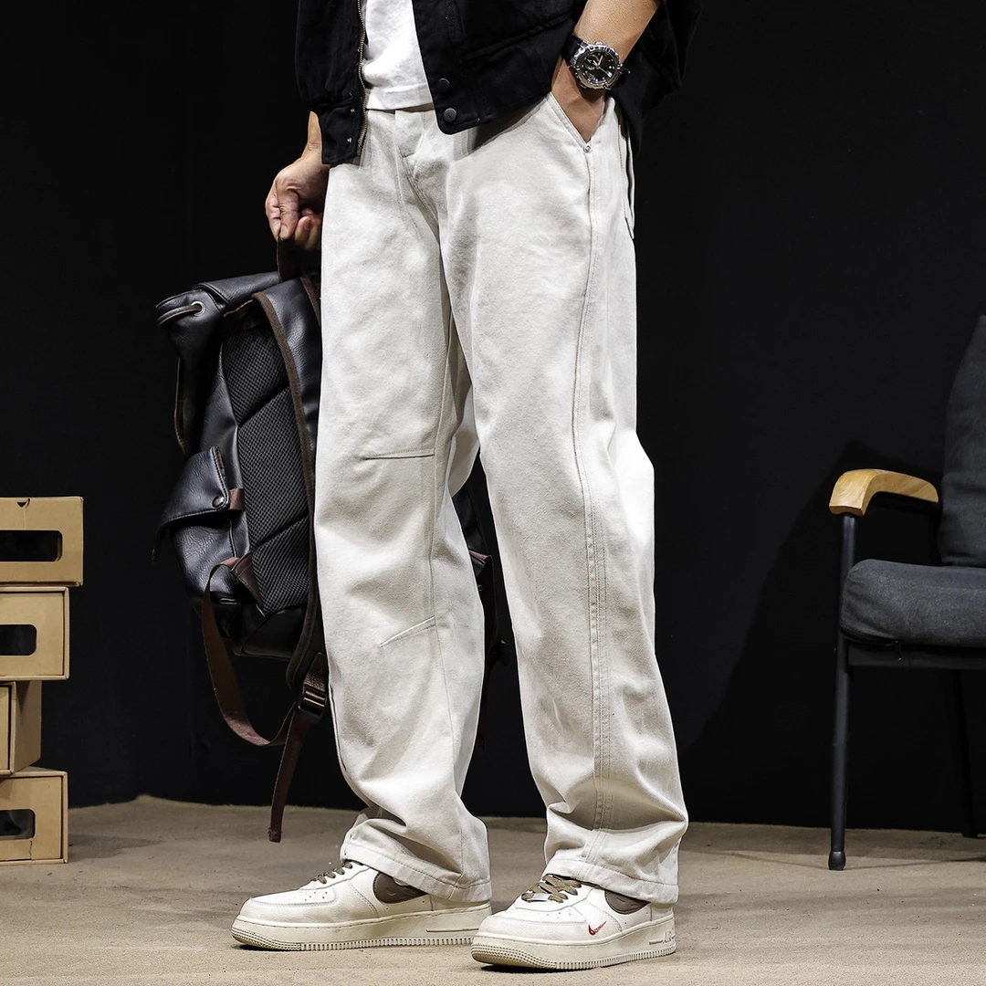 挺阔纯棉直筒休闲裤男士新款秋冬宽松大码秋季工装拼接裤子潮