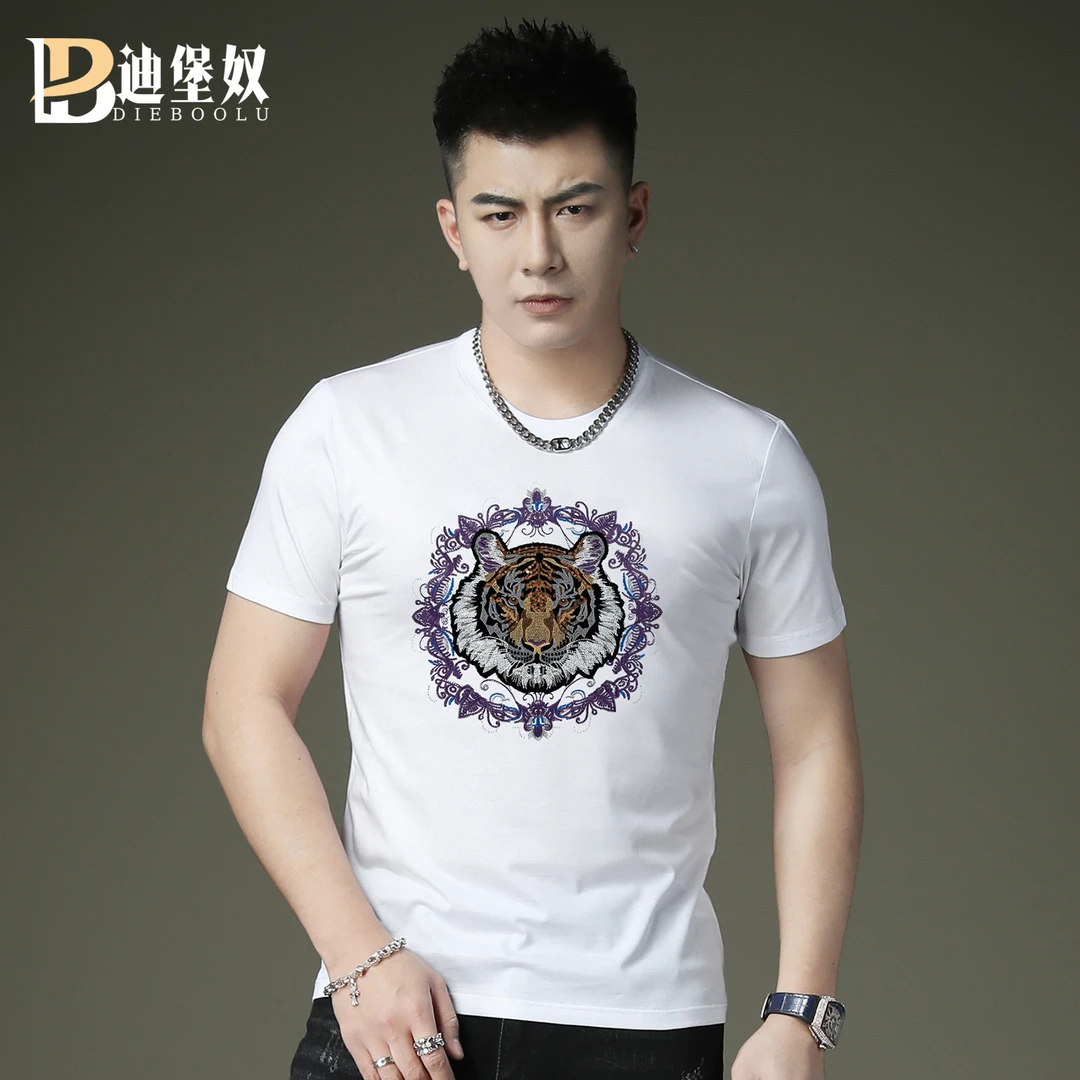 欧洲站高端潮牌T恤夏季青年新款虎头刺绣修身短袖男装潮流T恤衫