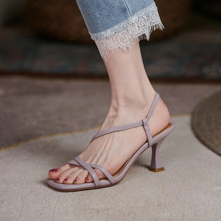 凉鞋女夏中跟淡紫色一字带方头设计感软皮高级感小众仙女风配裙子