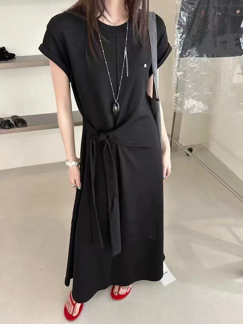 长裙系带套头夏季裙子针织灰色圆领纯色连衣裙无袖女装连袖