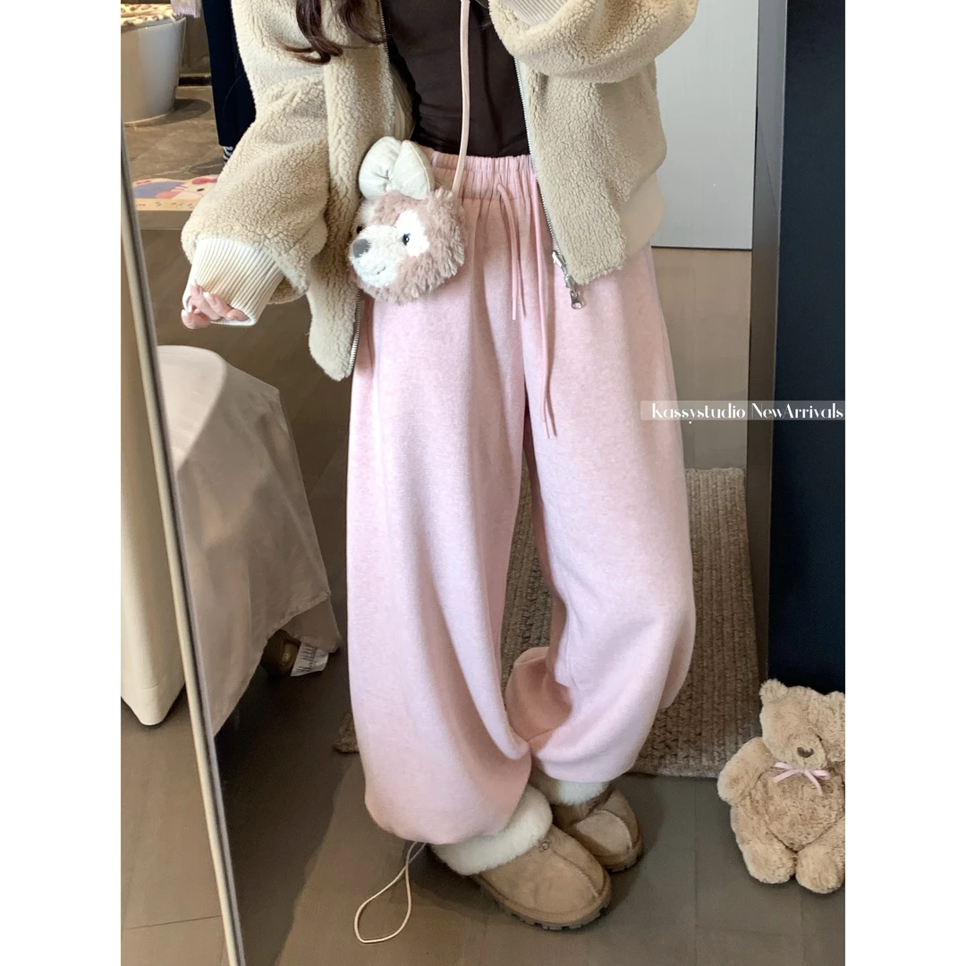 韩系抽绳束脚两穿加绒糯米毛巾阔腿裤女秋冬松弛直筒休闲复古学院