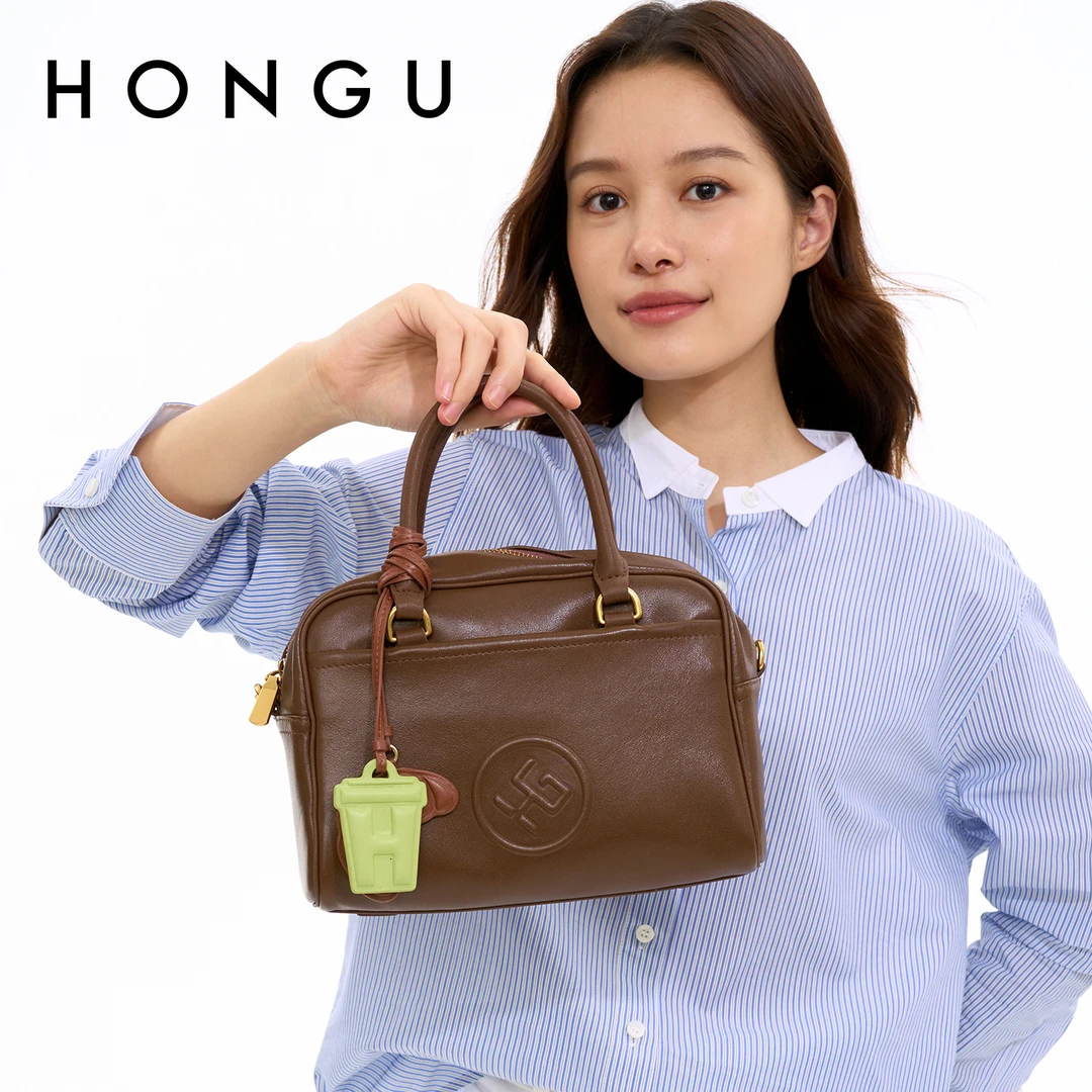 HONGU/红谷女士包包2025新款单肩手提包通勤牛皮波士顿包斜挎包